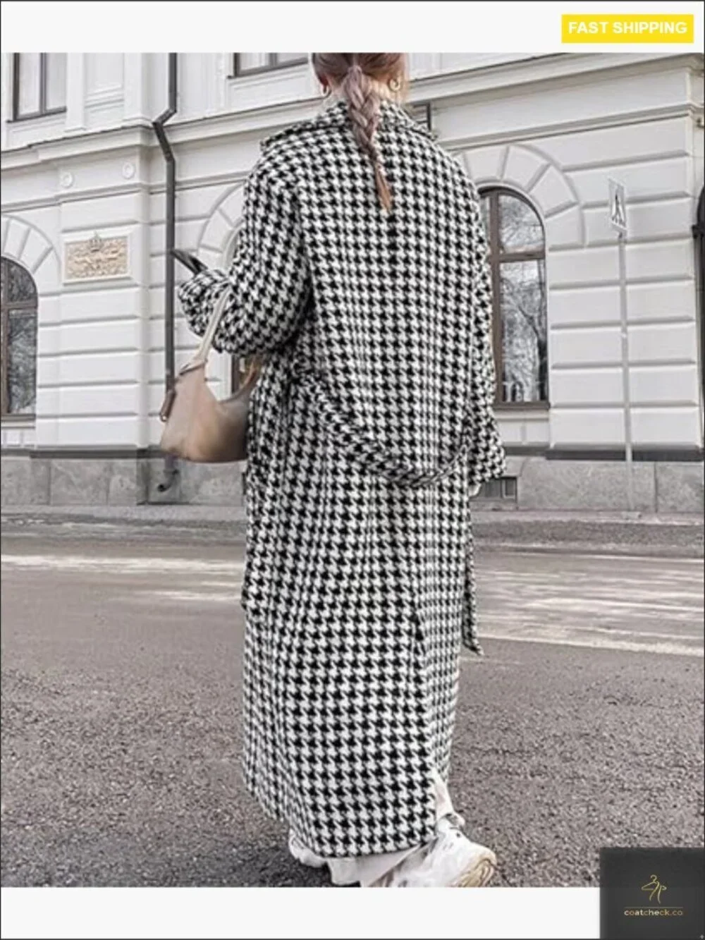 Houndstooth Wool Blend Trench Coat Double Breasted Pea Coat Classic Elegant_6